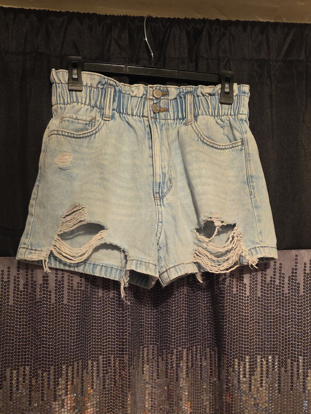⚫️Light Blue Distressed Paperbag Denim Shorts